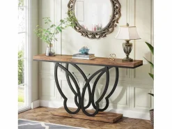 Best Tribesigns Mesa de consola de 140 cm, Mesa de entrada con marco de metal en forma de mariposa, Mesa de sofá, Mesas auxiliares largas y estrechas, Marrón y Negro Marru00f3n