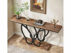 Best Tribesigns Mesa de consola de 140 cm, Mesa de entrada con marco de metal en forma de mariposa, Mesa de sofá, Mesas auxiliares largas y estrechas, Marrón y Negro Marru00f3n