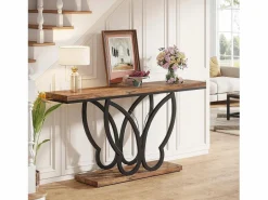 Best Tribesigns Mesa de consola de 140 cm, Mesa de entrada con marco de metal en forma de mariposa, Mesa de sofá, Mesas auxiliares largas y estrechas, Marrón y Negro Marru00f3n