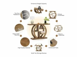 Mesa de consola de 4 niveles, de 108 cm, con base circular, de madera con estanterías de almacenamiento, para salón, pasillo, hogar, de color marrón claro de roble. Consola