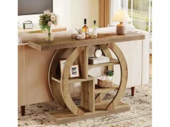 Mesa de consola de 4 niveles, de 108 cm, con base circular, de madera con estanterías de almacenamiento, para salón, pasillo, hogar, de color marrón claro de roble. Consola