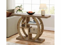 Mesa de consola de 4 niveles, de 108 cm, con base circular, de madera con estanterías de almacenamiento, para salón, pasillo, hogar, de color marrón claro de roble. Consola