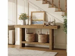 Outlet Tribesigns Mesa de consola de madera sólida de 160 cm, mesa estrecha de doble nivel para el porche de una casa rural, para el pasillo o la entrada. Marru00f3n