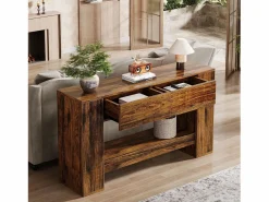 Tribesigns Mesa de consola rústica marrón con 2 cajones, Mesa de consola estrecha de 2 niveles de 140 cm