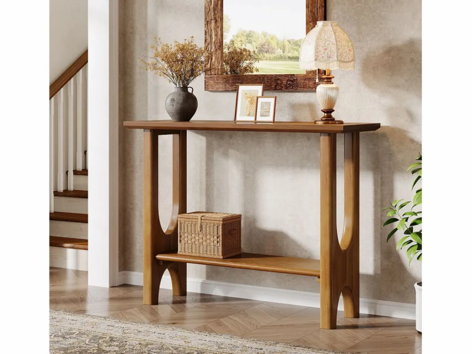 Sale Tribesigns Mesa de entrada de 105 cm con espacio de almacenamiento, moderna mesa de consola de dos niveles con patas de madera maciza para salón y pasillo Marru00f3n