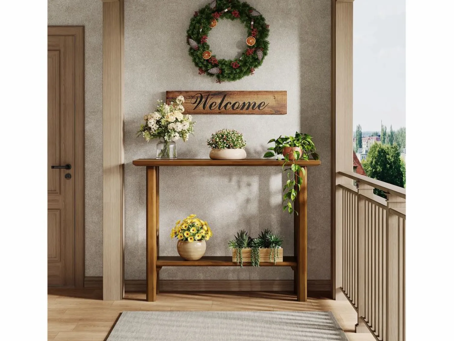 Sale Tribesigns Mesa de entrada de 105 cm con espacio de almacenamiento, moderna mesa de consola de dos niveles con patas de madera maciza para salón y pasillo Marru00f3n