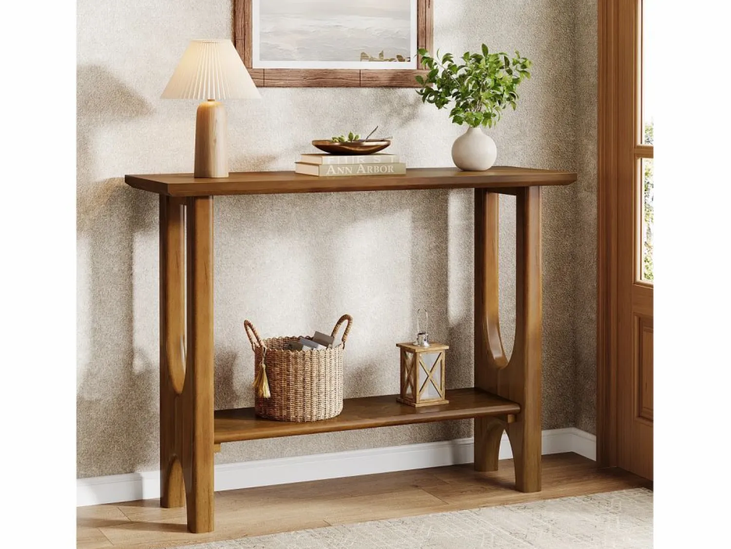 Sale Tribesigns Mesa de entrada de 105 cm con espacio de almacenamiento, moderna mesa de consola de dos niveles con patas de madera maciza para salón y pasillo Marru00f3n