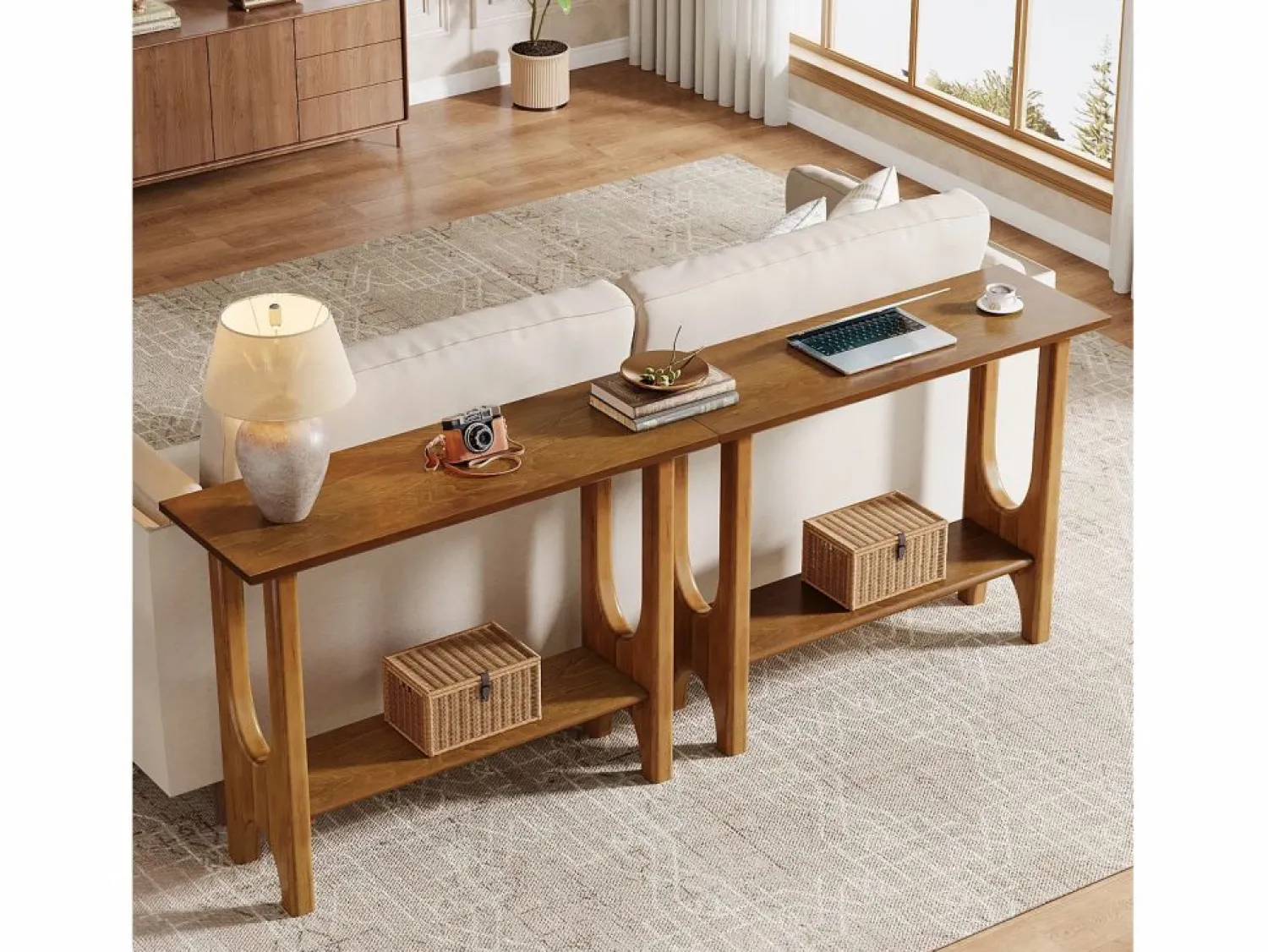 Sale Tribesigns Mesa de entrada de 105 cm con espacio de almacenamiento, moderna mesa de consola de dos niveles con patas de madera maciza para salón y pasillo Marru00f3n
