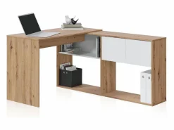 duehome Mesa de escritorio con estantería Dess Blanco Artik (Blanco Mate) - Roble Nodi