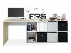 Discount Mesa de escritorio multiposición en blanco mate y roble canadian 136x139 cm Move Blanco Artik (Blanco Mate) - Roble Canadian Consola Escritorio