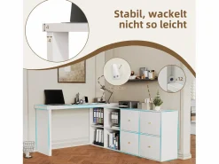 Clearance Mesa de esquina giratoria de 360° - Escritorio con 4 cajones y 4 compartimentos, MDF, (120 x 48 x 78 cm) + (140 x 35 x 74 cm) Blanco