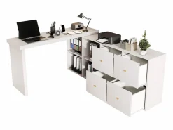 Clearance Mesa de esquina giratoria de 360° - Escritorio con 4 cajones y 4 compartimentos, MDF, (120 x 48 x 78 cm) + (140 x 35 x 74 cm) Blanco