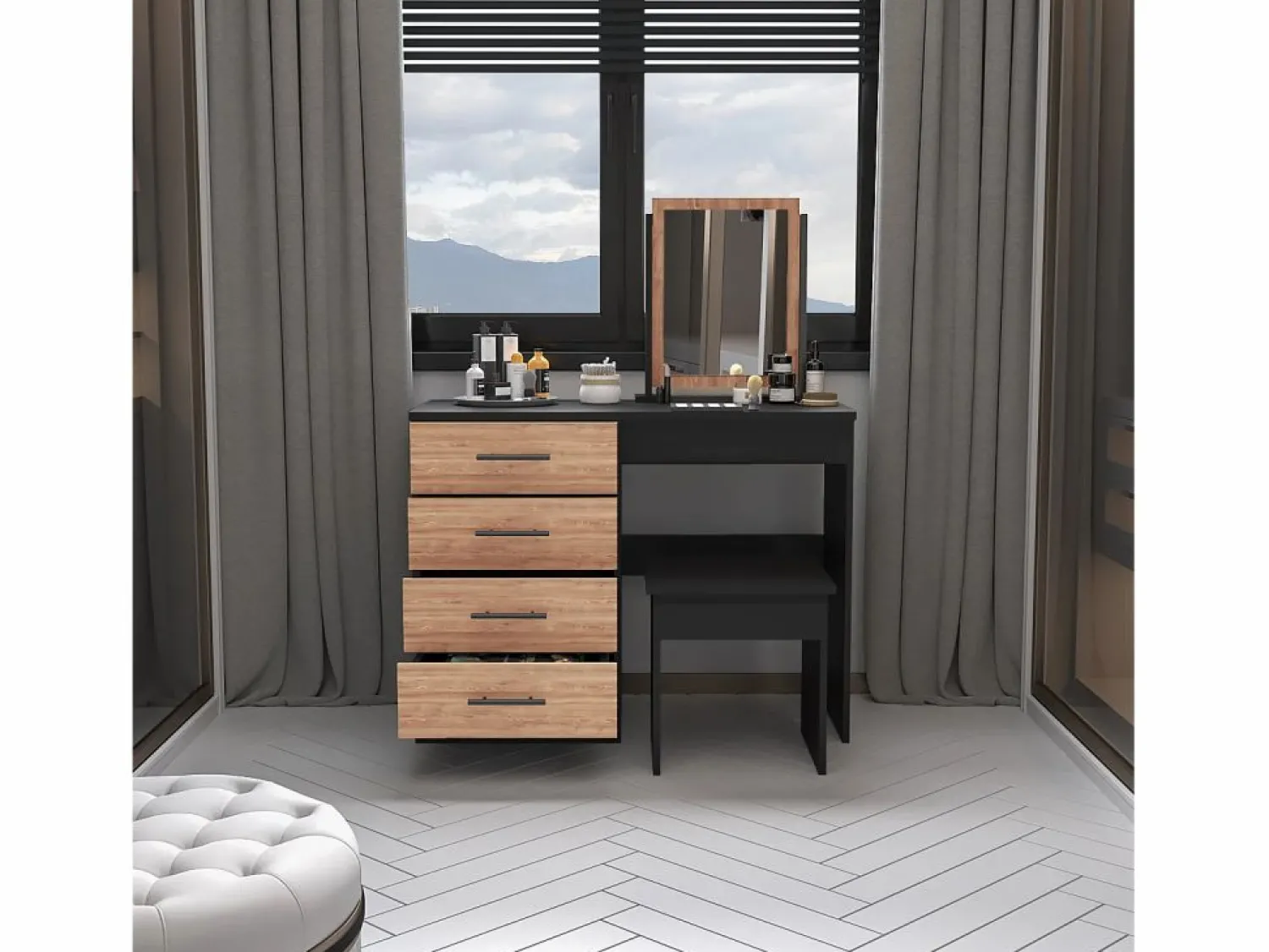 TuHome Mesa de Maquillaje con Espejo Kaia y asiento incluido 126.7CM A X 100CM L X 42.5CM P Wengue / Miel