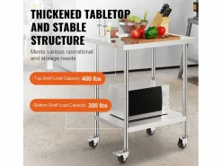 Clearance Mesa de Trabajo SucceBuy Mesa de Trabajo de Acero Inoxidable de 60.96 x 76.2 cm con 4 Ruedas Mueble Camarera