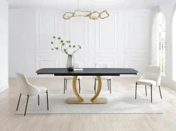 Online Mesa extensible de comedor en cerámica y metal dorado - Efecto mármol negro - OLIFIA Mesa Extensible|Mesa De Comedor