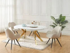 Vente-unique Mesa extensible para 4 a 8 personas de MDF y acero - Efecto mármol blanco y Dorado - KOMONI