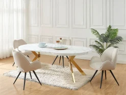 Vente-unique Mesa extensible para 4 a 8 personas de MDF y acero - Efecto mármol blanco y Dorado - KOMONI