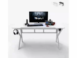 Sale Mesa gamer ergonómica de carbono con cables para auriculares y bebidas 160x60cm Sportbot 160 - Blanco