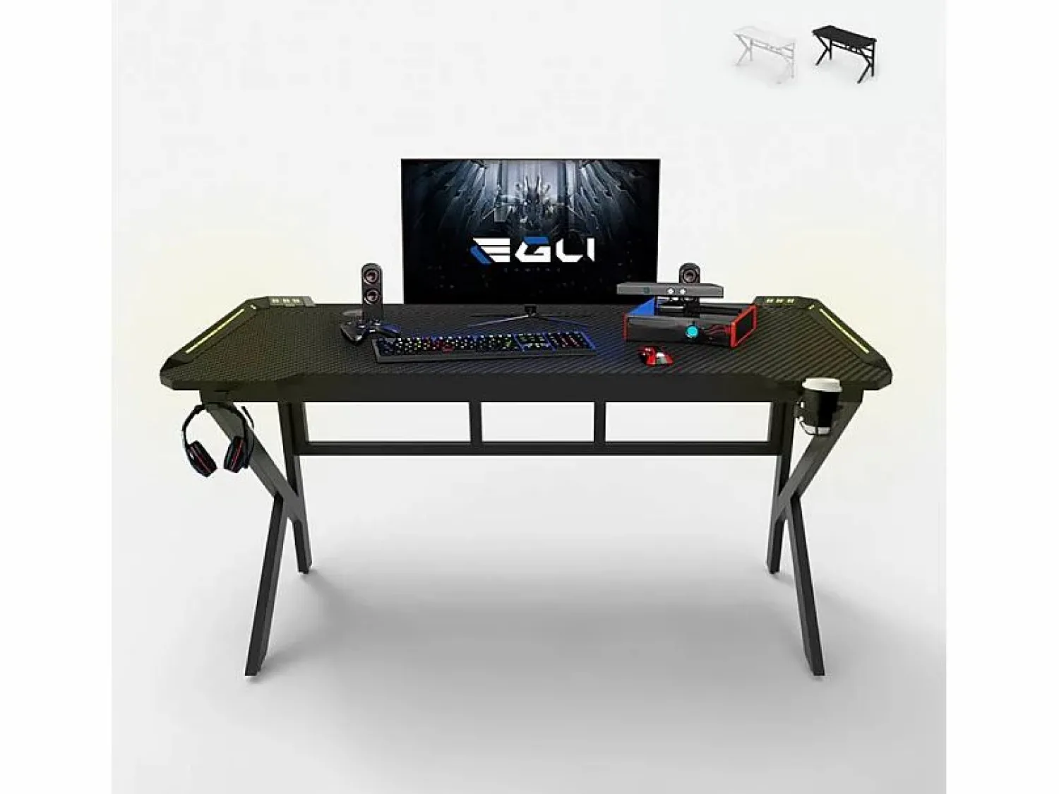 Mesa gamer LED de carbono con soporte para auriculares y bebidas 120x60 Sportbot LED 120 -