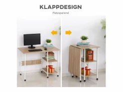 Clearance Mesa plegable móvil, con estante, MDF, natural, 107x55x76 cm, con ruedas, para oficina y espacio de trabajo Blanco