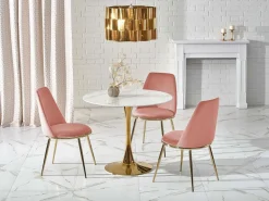 New Mesa redonda con tablero de cristal imitación mármol y pata central de acero dorado BOOTIS Mesa Extensible|Mesa De Comedor