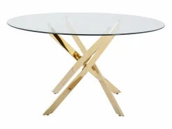 Discount Mesa redonda de comedor para 4 personas de vidrio templado y metal dorado - Transparente - COSIMA Mesa De Comedor