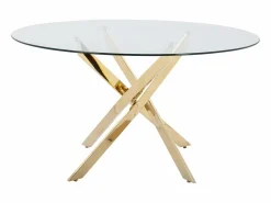 Discount Mesa redonda de comedor para 4 personas de vidrio templado y metal dorado - Transparente - COSIMA Mesa De Comedor