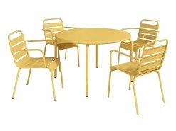 MYLIA Mesa y sillas de jardín metal una mesa D.110cm y 4 sillas apilables - Amarillo - MIRMANDE