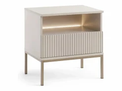 Hot Mesita de noche con 1 cajón y 1 estante con LEDs en MDF y vidrio ahumado beige - OVILA Mesita De Noche