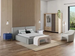Outlet Mesita de noche con 2 cajones de MDF y metal en color lacado y dorado - KORASA Mesita De Noche