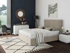 Vente-unique Mesita de noche Conjunto de 2 con 2 cajones en MDF lacado con LEDs blanco y cemento - HALO II