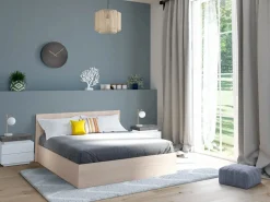 Vente-unique Mesita de noche Conjunto de 2 con 2 cajones en MDF lacado con LEDs blanco y cemento - HALO II
