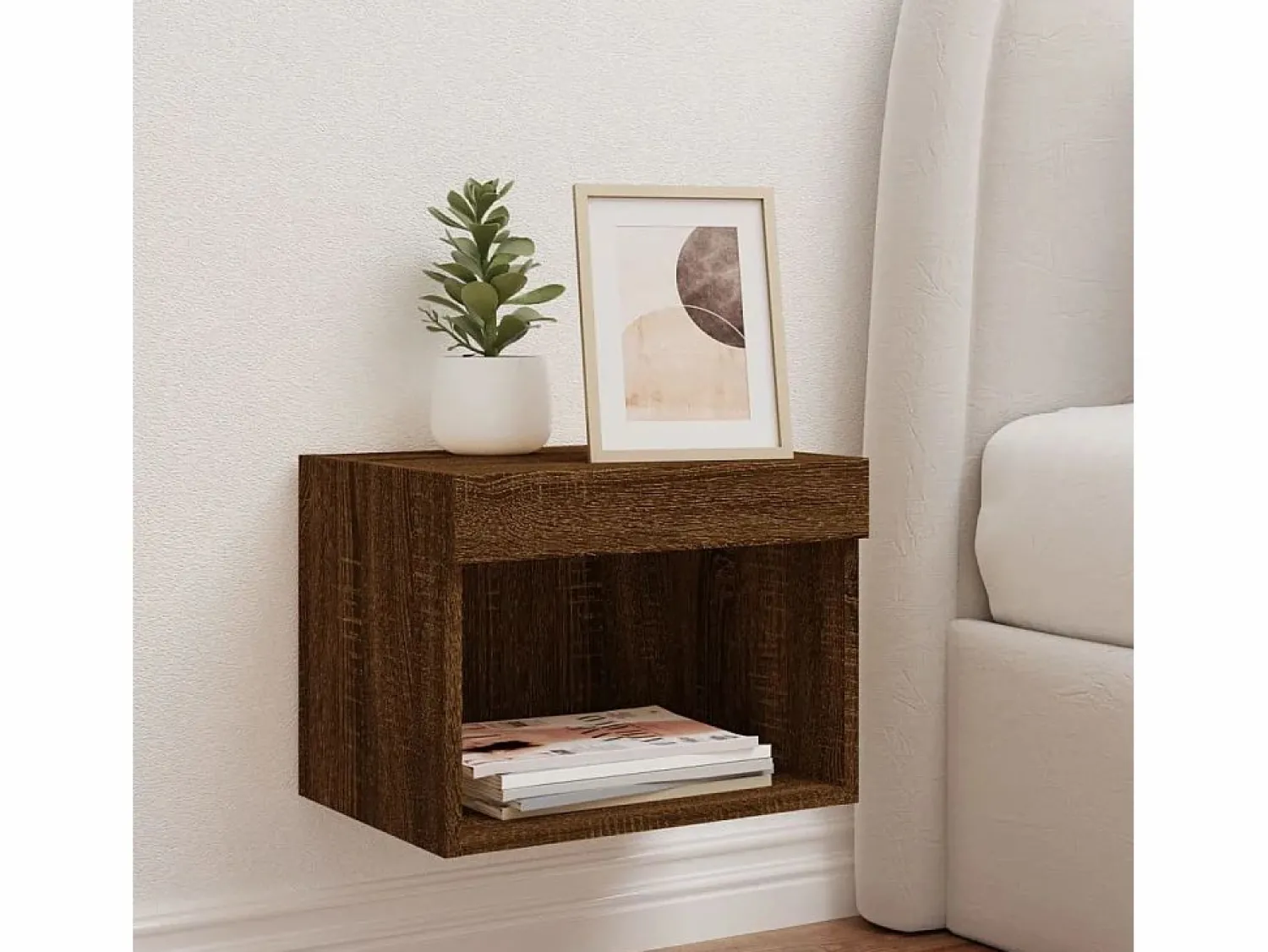 Clicnbuy Mesita de noche de pared con luces LED roble marrón