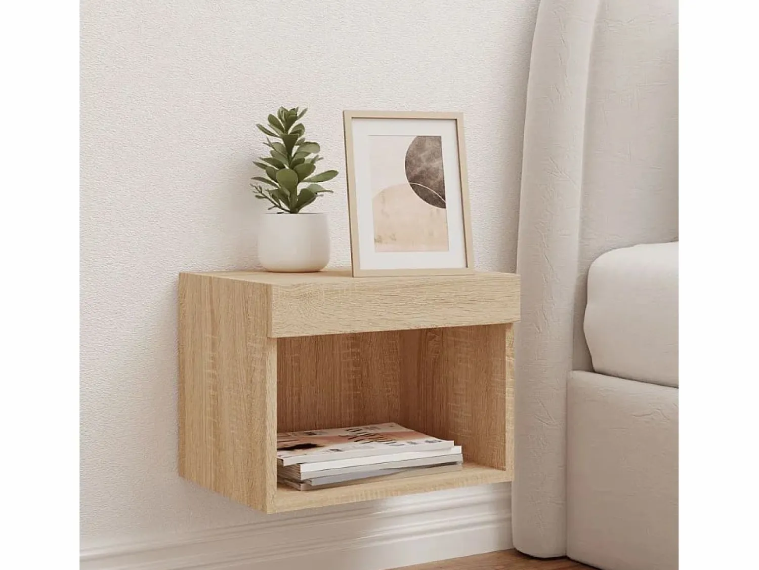 Clicnbuy Mesita de noche de pared con luces LED roble Sonoma