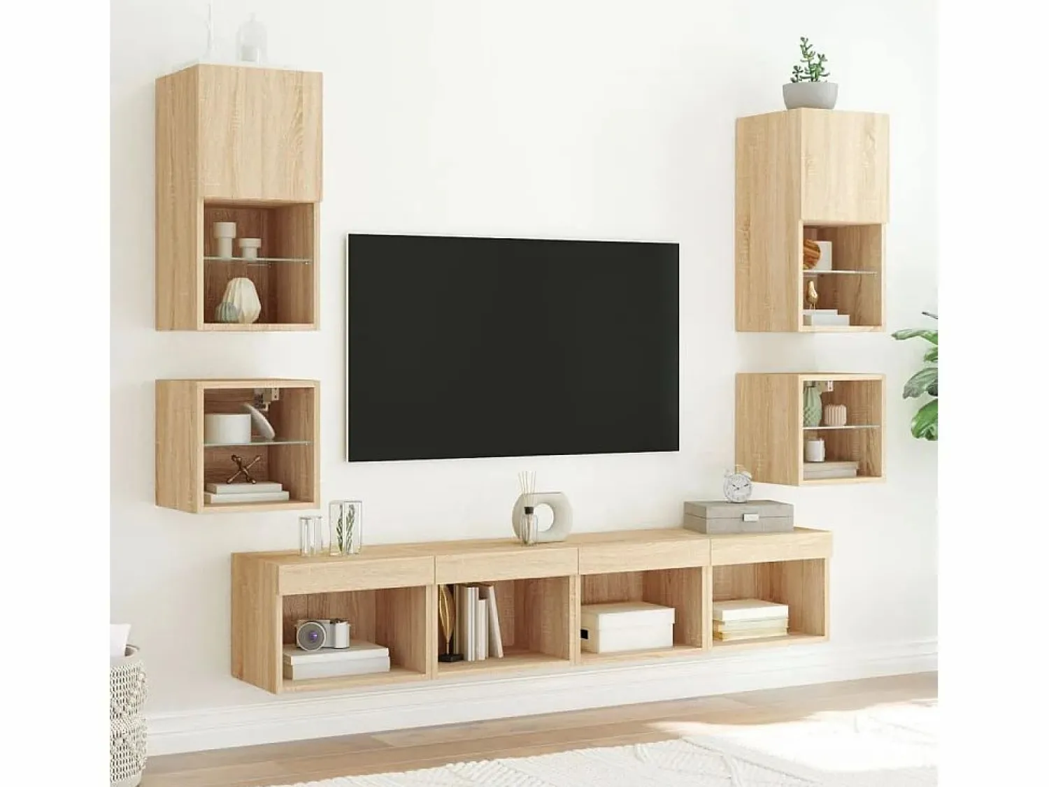 Clicnbuy Mesita de noche de pared con luces LED roble Sonoma
