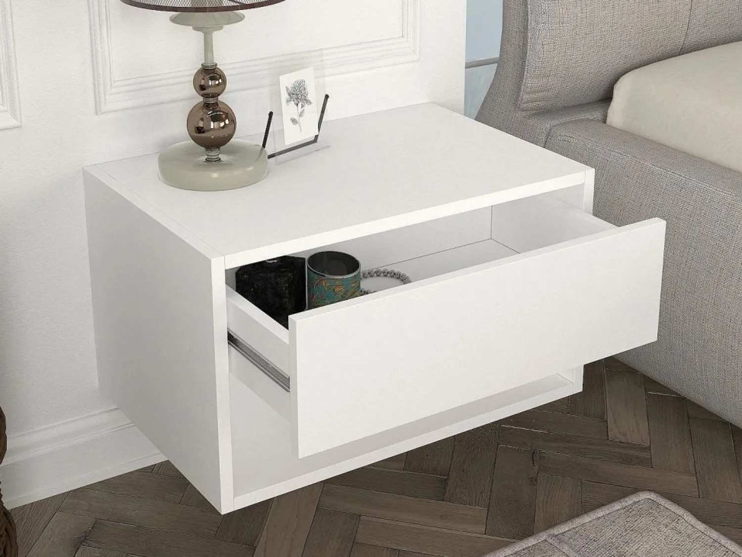 Hot Vente-unique Mesita de noche de pared RITAMI con 1 cajón y 1 estante, color Blanco