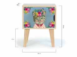 Clearance Mesita de noche de pino para niños con dibujo de gato floral. Muebles Niño