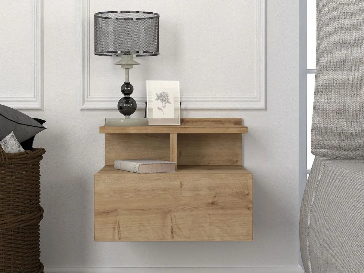 Online Mesita de noche flotante con 1 cajón y 1 estante color natural - AZELNO Mesita De Noche