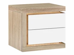 Vente-unique Mesita de noche (lado izquierdo) 2 cajones con LEDs MDF lacado blanco y natural - FLARANCIA