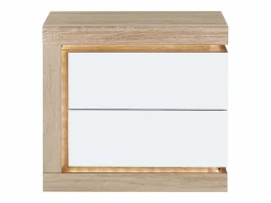 Vente-unique Mesita de noche (lado izquierdo) 2 cajones con LEDs MDF lacado blanco y natural - FLARANCIA