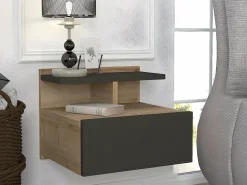 New Vente-unique Mesita de noche suspendida lote de 2 con 1 cajón y 1 repisa natural antracita - AZELNO Gris antracita / Color natural claro