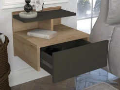 New Vente-unique Mesita de noche suspendida lote de 2 con 1 cajón y 1 repisa natural antracita - AZELNO Gris antracita / Color natural claro