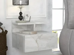 Sale Vente-unique Mesita de noche suspendida conjunto de 2 con 1 cajón y 1 estante efecto mármol - AZELNO Blanco
