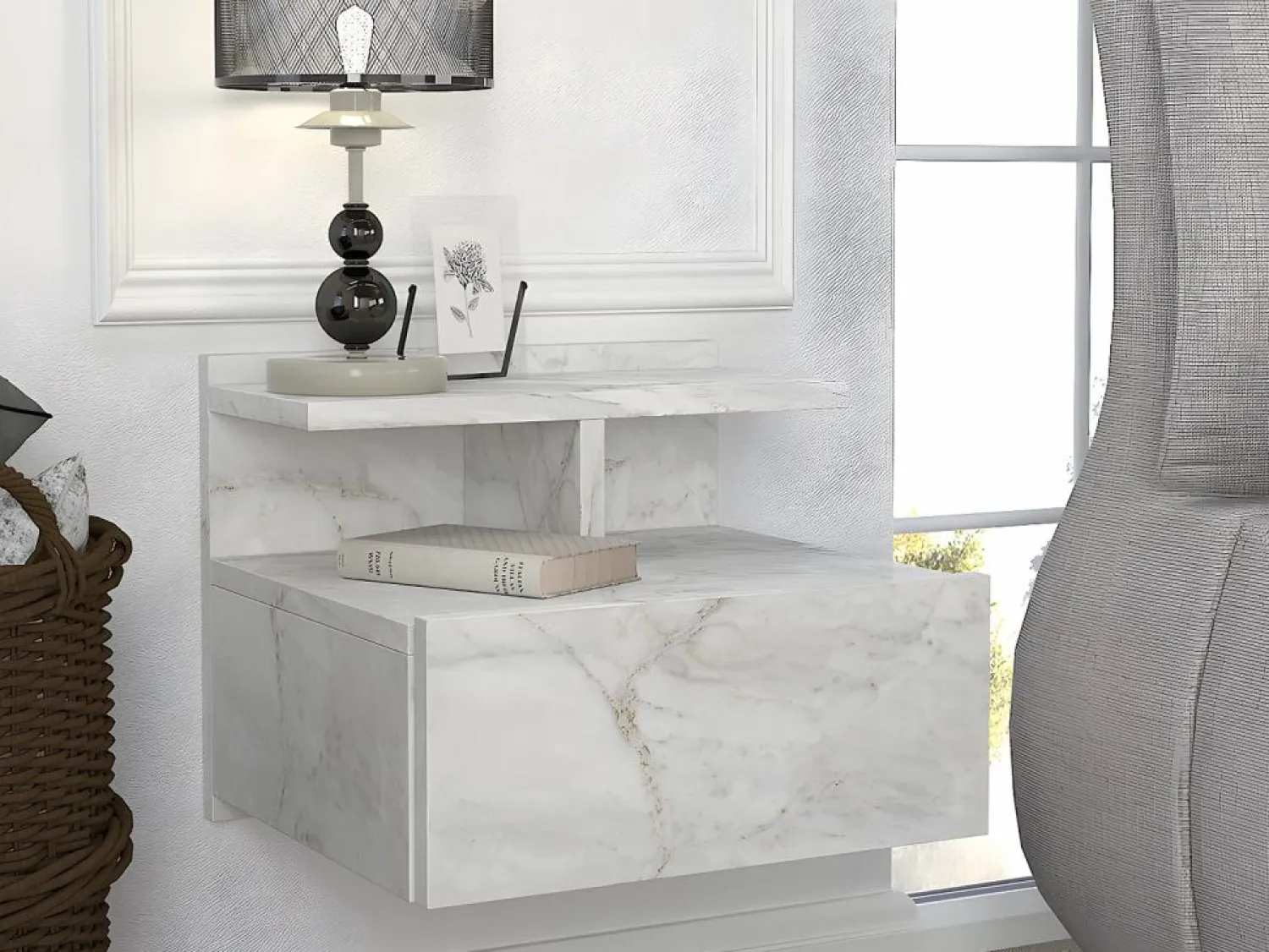 Sale Vente-unique Mesita de noche suspendida conjunto de 2 con 1 cajón y 1 estante efecto mármol - AZELNO Blanco