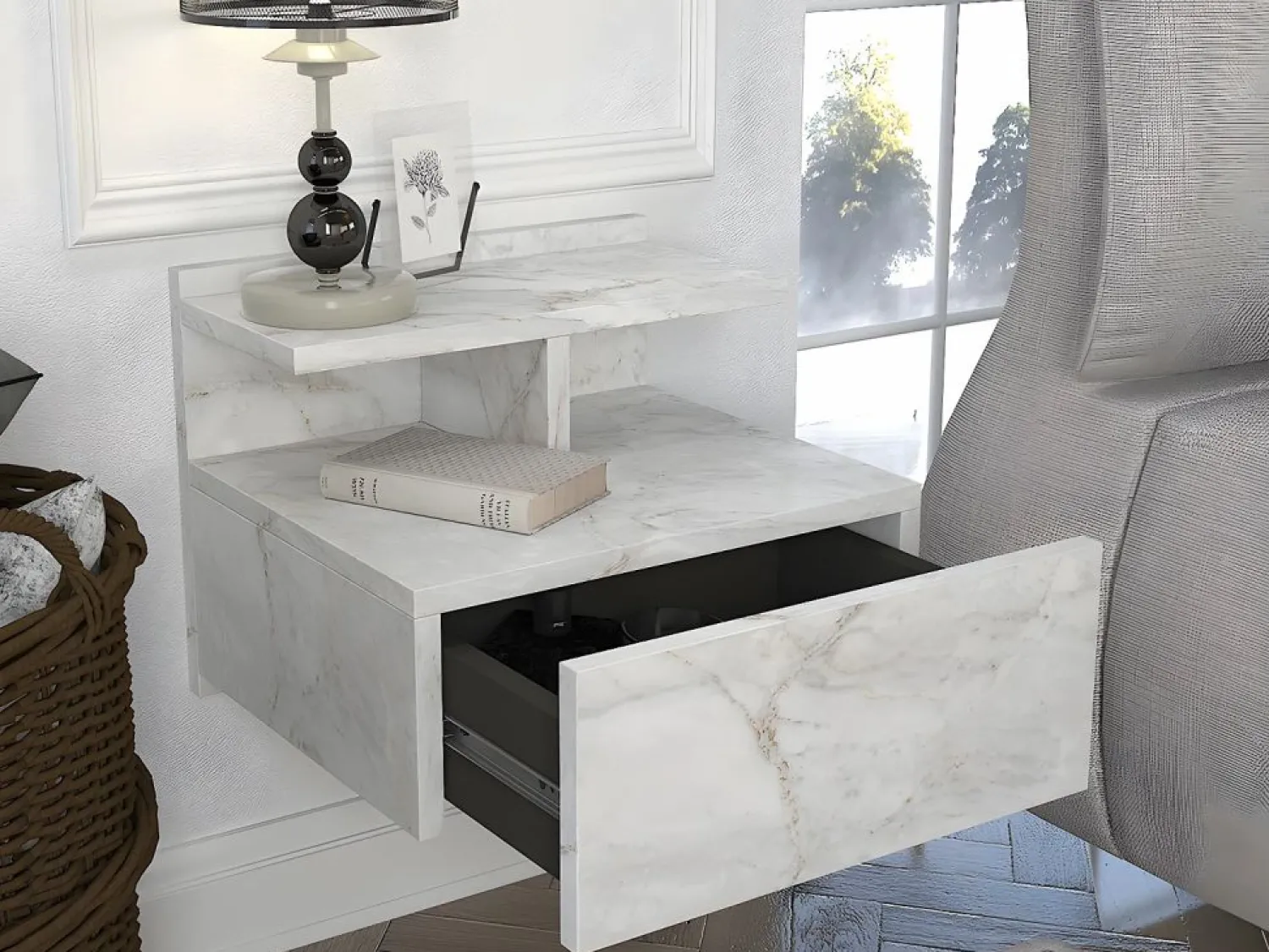 Sale Vente-unique Mesita de noche suspendida conjunto de 2 con 1 cajón y 1 estante efecto mármol - AZELNO Blanco