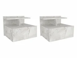 Sale Vente-unique Mesita de noche suspendida conjunto de 2 con 1 cajón y 1 estante efecto mármol - AZELNO Blanco