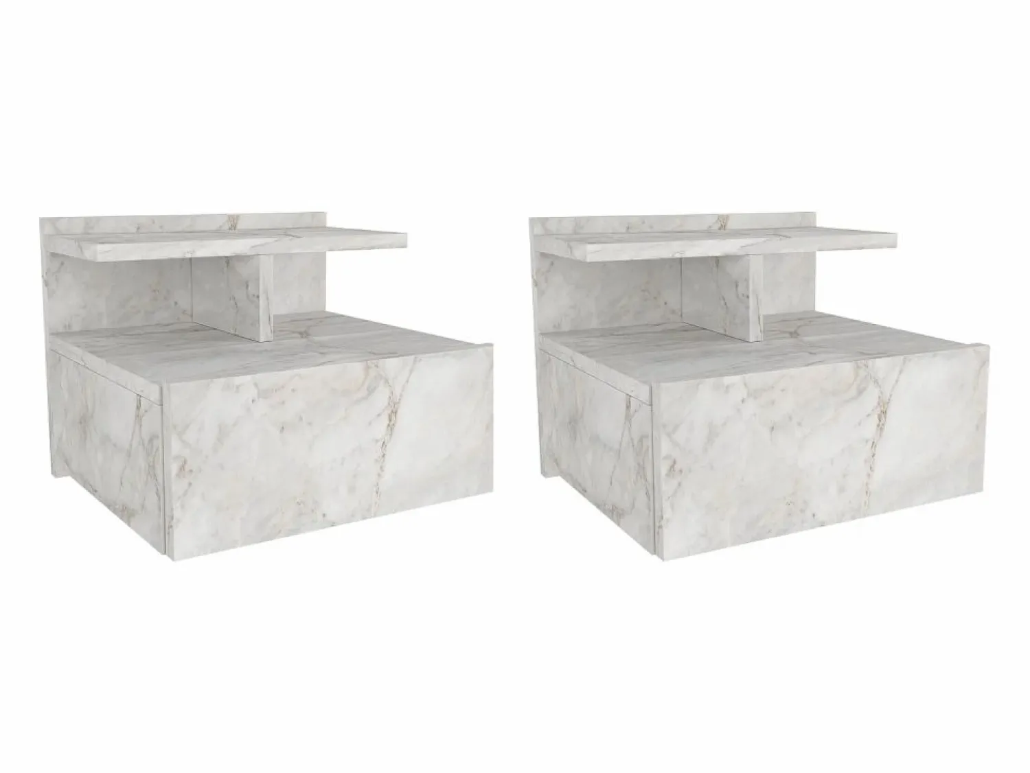 Sale Vente-unique Mesita de noche suspendida conjunto de 2 con 1 cajón y 1 estante efecto mármol - AZELNO Blanco