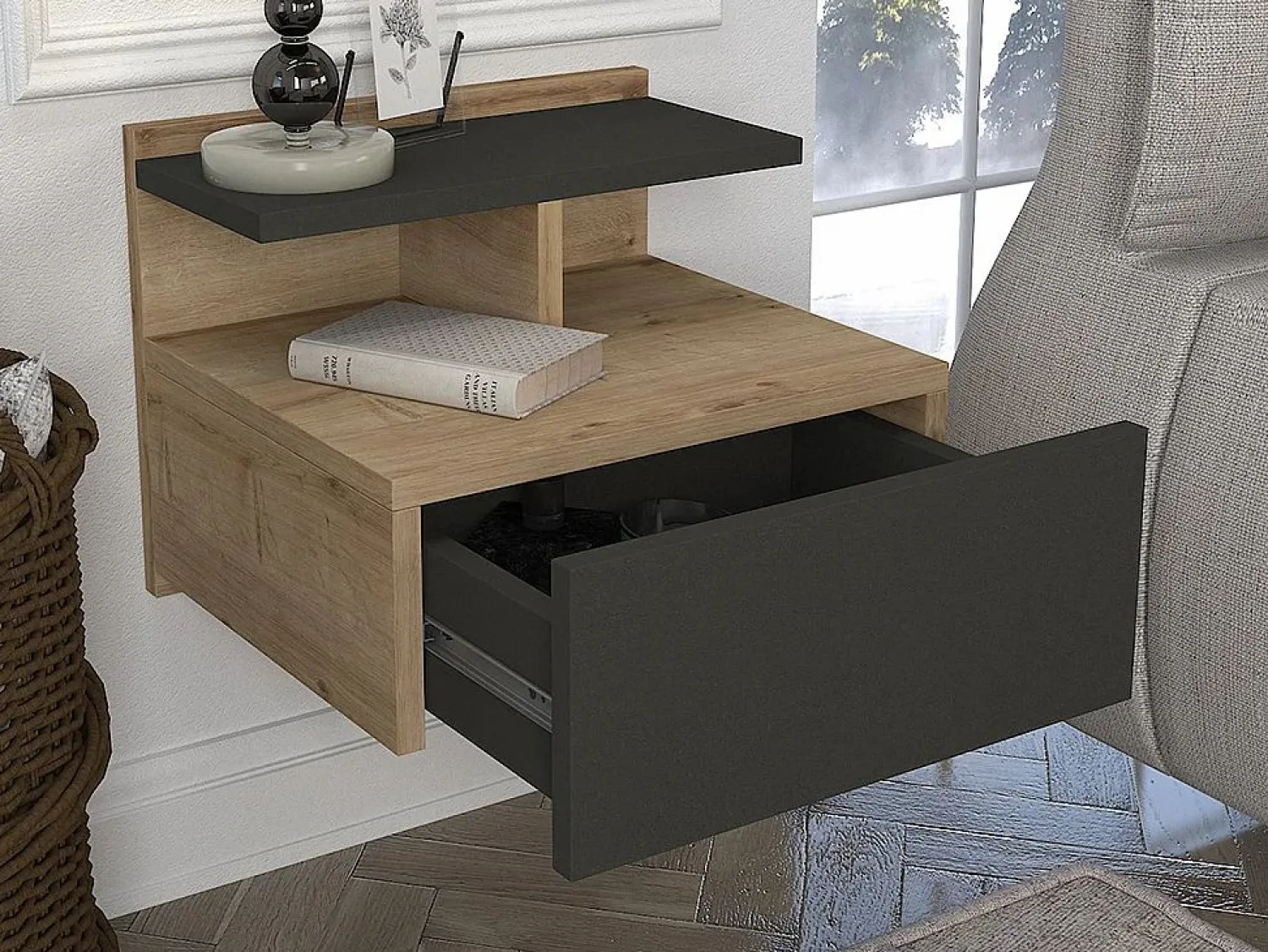 Outlet Vente-unique Mesita de noche suspendida con 1 cajón y 1 estante natural y antracita - AZELNO Gris antracita / Color natural claro