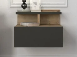 Outlet Vente-unique Mesita de noche suspendida con 1 cajón y 1 estante natural y antracita - AZELNO Gris antracita / Color natural claro