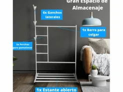 Hot Meyvaser - Vestidor portatil, Perchero portátil con ruedas de 180x100x35 Cm y 6 Ganchos en madera color . Blanco